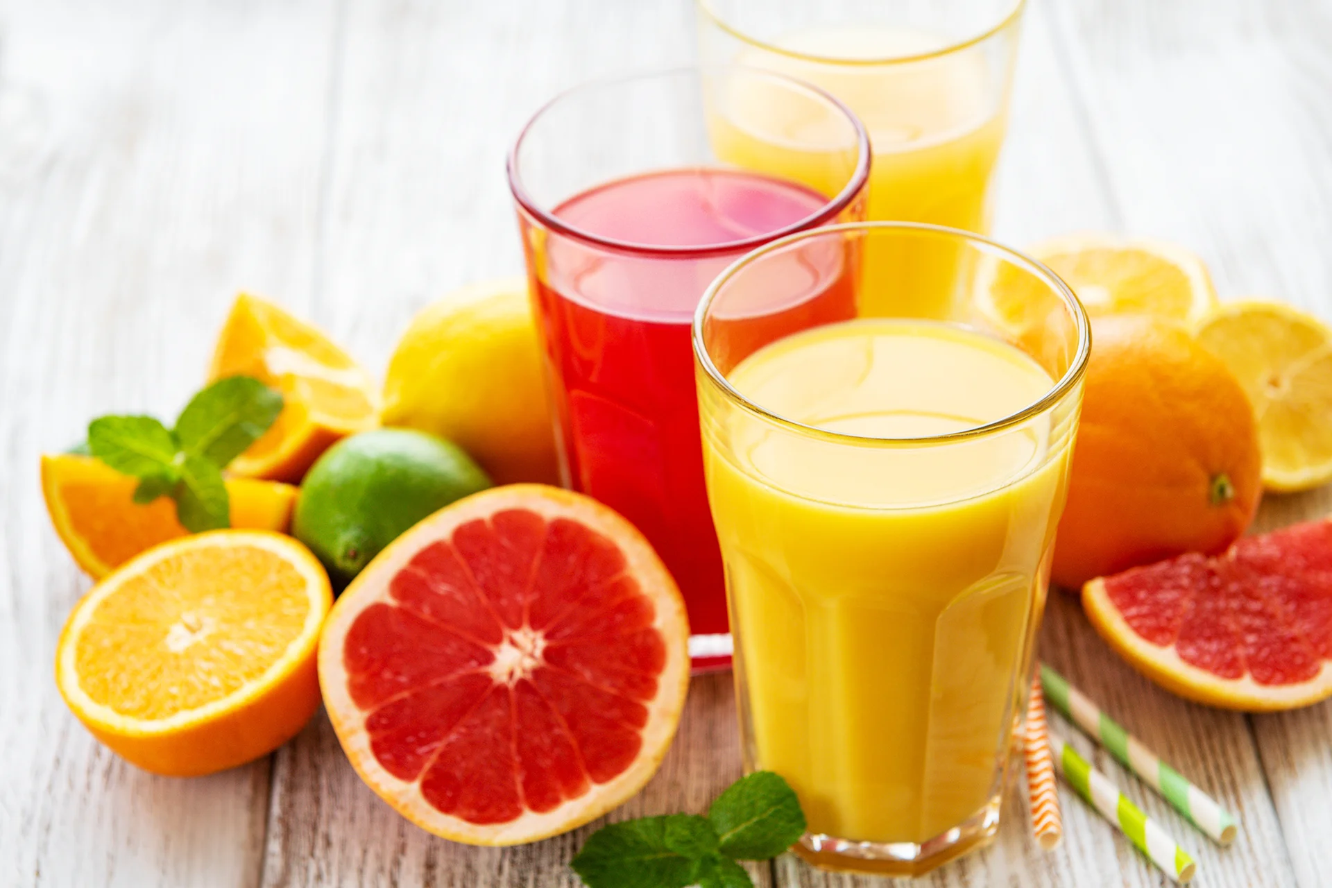 Cold-pressed organic juices with fresh fruits and vegetables